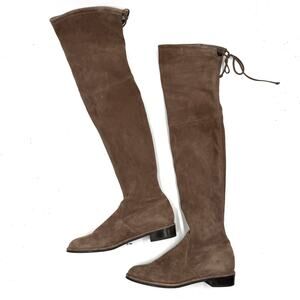 Stuart Weitzman Lowland Over the Knee Boots Brown‎ Suede Flat Pull On Tie Sz 8